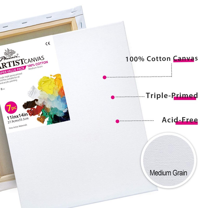 PHOENIX Stretched Canvas for Painting 11x14 Inch/7 Value Pack, 8 Oz Triple Primed 5/8 Inch Profile 100% Cotton White Blank Canvas, Artist Framed Canvas for Oil Acrylic & Pouring Art - Image 3